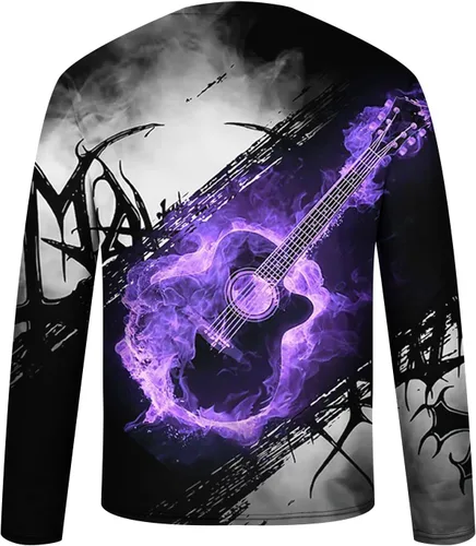 Vista 5 de Muscularfit Camisas para hombre, manga larga, estilo casual, estilo fresco, con estampado de guitarra, pulóver, hip hop, cuello redondo, sudadera a