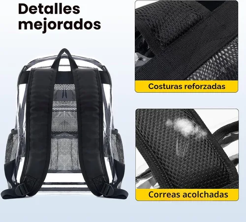 Vista 6 de Vorspack Mochila Transparente Resistente - Gran Mochila Transparente para Libros, Mochila Transparente para Trabajo Universitario, Negro, Grande