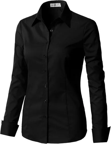 Vista 3 de Doublju - Camisas para mujer, elásticas de ajuste entallado, de algodón con botones, talla grande