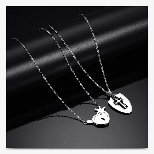 Vista 4 de Vanski Juego de collar de acero inoxidable para parejas con candado de corazón y llave, Metal, Circonia cúbica