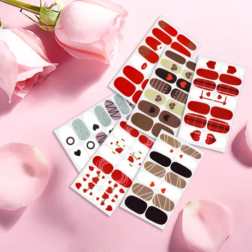 Vista 4 de 6 hojas de esmalte de uñas para el día de San Valentín para mujeres, tiras de esmalte de uñas autoadhesivas, tiras de uñas de gel, calcomanías