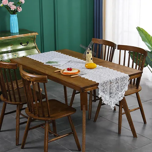 Vista 5 de Hsvanyr Camino de mesa de encaje blanco bordado pequeño suave cubierta de tocador bufanda clásica rectangular macramé mesa decoración 15 pulgadas x