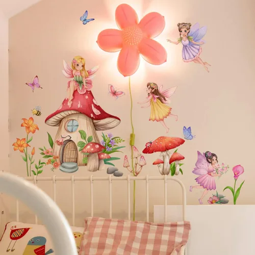 Vista 2 de Runtoo Calcomanías de pared de hongos de hadas, diseño de mariposa, elfo, decoración del hogar para dormitorio de niñas, niños, guardería