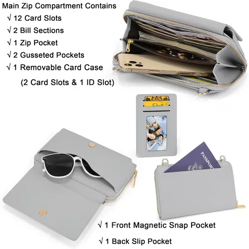 Vista 3 de UTO Cartera RFID para mujer, bolso cruzado para teléfono celular para mujer, tarjetero de viaje de moda, cartera de mano con 2 correas, 1266 Gris