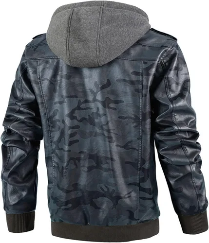 Vista 2 de Maiyifu-GJ Chaqueta de cuero sintético de camuflaje para hombre, chaqueta de moto cálida con capucha extraíble de poliuretano para motocicleta, Azul