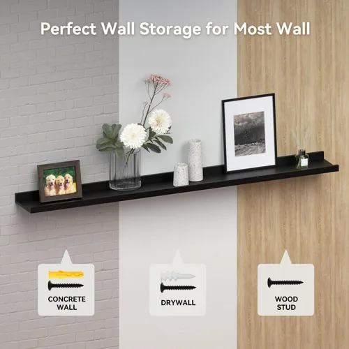 Vista 7 de RICHER HOUSE Juego de 3 estantes flotantes para pared, estantes negros de 16 pulgadas para montar en la pared con borde para almacenamiento, estante