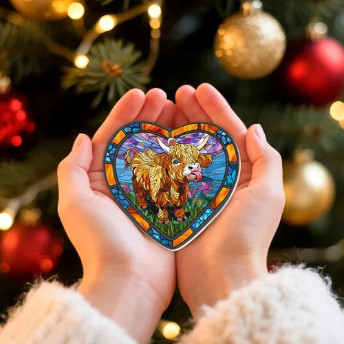 Vista 4 de 1 pieza Adorno de vaca de tierras altas de cerámica con 2 lados impresos 2025, Adorno de árbol de Navidad con forma de corazón, lindo recuerdo