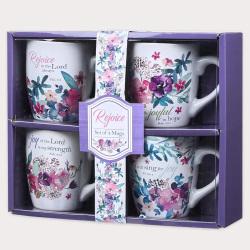 Vista 6 de Christian Art Gifts Juego de tazas de café o té de cerámica para mujer, diseño de flores de acuarela con versículo bíblico, juego de 4 tazas de café