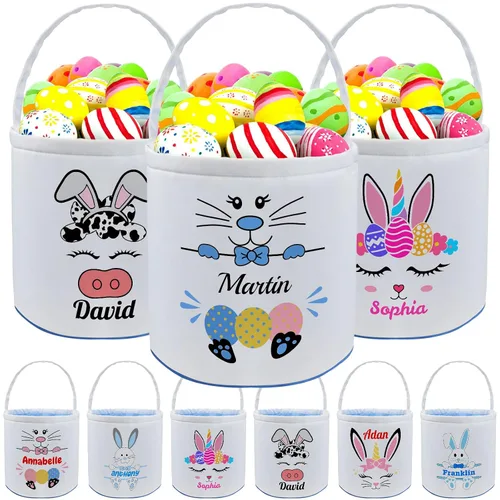 Vista 17 de Cesta de Pascua personalizada con nombre para niños, lona personalizada, cubo de Pascua, regalo para niños y niñas