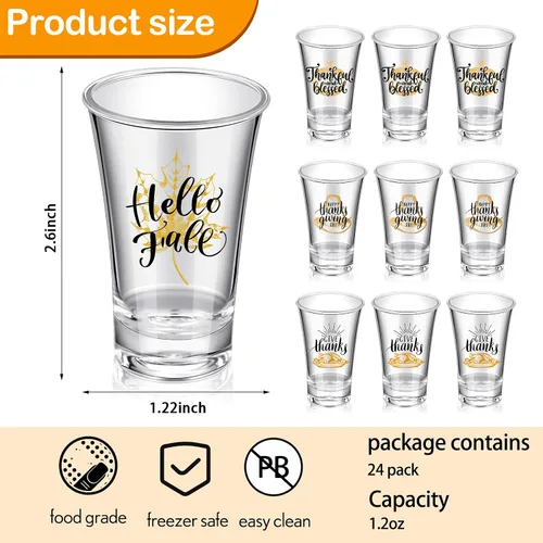 Vista 2 de Dandat 24 vasos de chupito de Acción de Gracias a granel con base pesada de 1.2 onzas, vasos reutilizables de otoño, vasos acrílicos de hoja