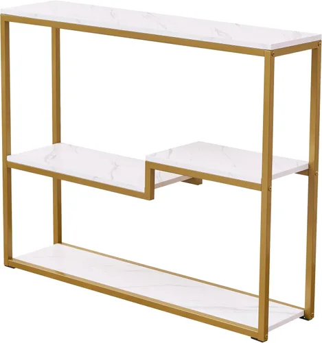 Vista 6 de loglus Mesa consola para entrada, Mesa de sofá de MDF de mármol sintético con marco dorado (Multicapa, Mármol Blanco)