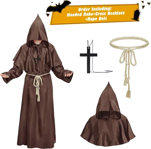 Vista 4 de Century Star Disfraz de fraile medieval con capucha de monje renacentista para cosplay, Halloween, para adultos, capa de mago, sacerdote