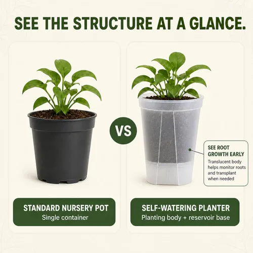 Vista 6 de Macetas de riego automático para plantas de interior, macetas transparentes con drenaje y depósito profundo, paquete de 9 macetas de riego