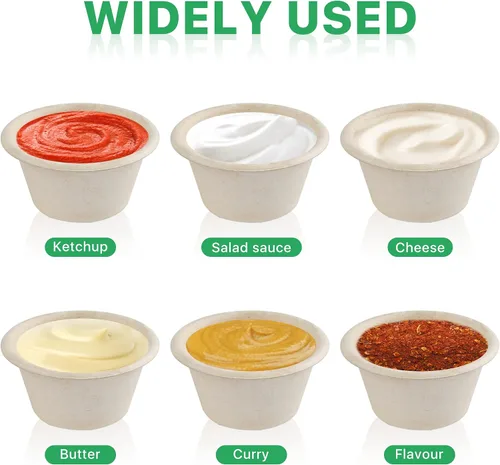 Vista 6 de Paquete de 200 tazas de salsa desechables de 2 onzas, mini tazas de condimento de fibra de bagazo biodegradable con tapas para preparación