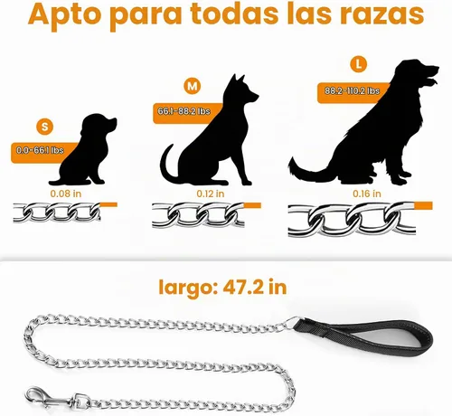 Vista 2 de PETTOM Correa de cadena de metal para perros, cuerda de acero resistente a prueba de mordidas con mango acolchado para perros medianos y grandes