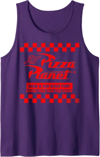 Vista 6 de Disney Pixar Toy Story Pizza Planet - Camiseta sin mangas con logotipo a cuadros, Azul / Patchwork, S Azul Marino