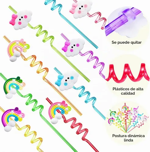 Vista 4 de Suministros para fiesta de cumpleaños de arco iris, pajitas de plástico para beber, 24 para niños y niñas, decoraciones de fiesta de nube arcoíris