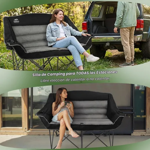 Vista 7 de Sillas de camping dobles plegables totalmente acolchadas, cómoda silla de jardín de gran tamaño con soporte para copa de vino, soporte para tazas