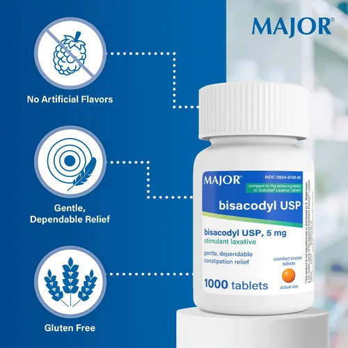 Vista 5 de MAJOR Bisacodyl 5 mg - Laxante estimulante revestido cómodo para aliviar el estreñimiento suave, confiable y - 1000 tabletas (paquete de 1)