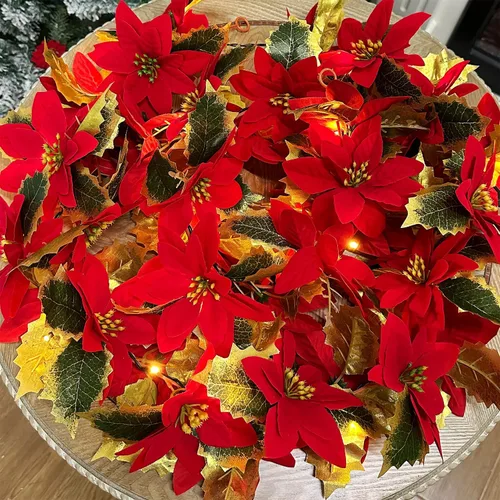 Vista 7 de Glintoper Paquete de 2 Guirnaldas de Flor de Pascua Navideña, 5.9 pies Guirnaldas Artificiales Iluminadas con 36 Flores Rojas, Funciona