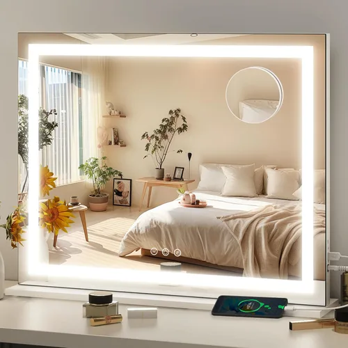 Vista 18 de FENNIO - Espejo de tocador con luces, espejo de maquillaje iluminado LED, pantalla táctil con 3 modos de iluminación, regulable, para mesa