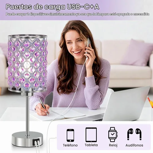 Vista 3 de Lámpara de mesa de cristal, lámpara táctil púrpura con puerto USB C+A Púrpura-1