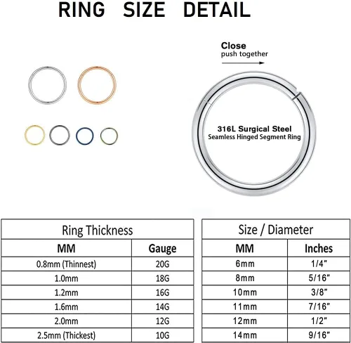 Vista 3 de Yaoyaoyors 14G16G18G20G Acero inoxidable SingleDouble Hoop Piercing Anillo de nariz con bisagras, aretes de septum, ópalo joyería de caracola