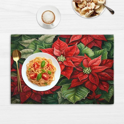 Vista 6 de Juego de 4 manteles individuales con diseño de flor de pascua de Navidad, lavables, impermeables, para decoración de mesa de comedor, 18 x 12