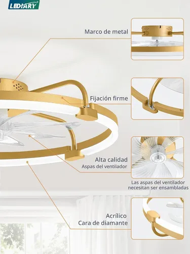 Vista 7 de LEDIARY Ventiladores de techo de 24" con luces y control remoto, luz LED de Dorado