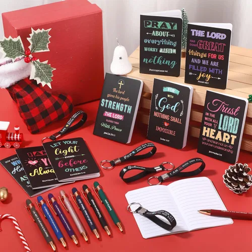 Vista 5 de PerKoop Juego de 48 piezas de regalos inspiradores, blocs de notas bíblicos de Jesús de 3 x 5 pulgadas, bolígrafos, llaveros a granel, mini