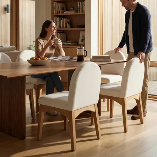 Vista 8 de HNY Juego de 2 sillas de comedor modernas de mediados de siglo, sillas de comedor tapizadas de tela de lino, sillas de cocina sin brazos con patas