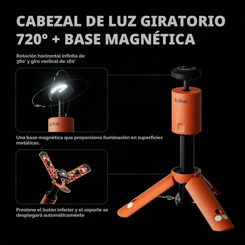Vista 3 de Luz telescópica para acampar, linterna magnética giratoria de 720° con Naranja