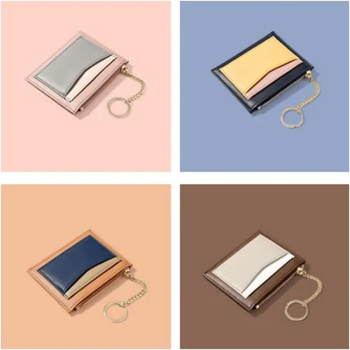 Vista 3 de Cartera pequeña con llavero para mujer, tarjetero minimalista con monedero, bonita cartera delgada para mujeres y hombres, Rosado
