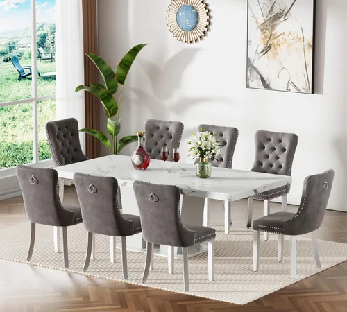 Vista 12 de Juego de mesa de comedor extensible de 63 a 79 pulgadas para 4, moderna mesa de cocina expandible con 4 sillas de terciopelo, mesa de madera gruesa