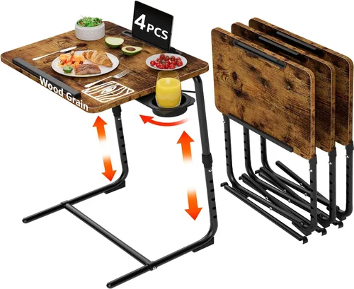 Vista 12 de Bandeja de TV ajustable para cena negra, bandejas plegables para comer en el sofá, mesas de madera, soporte mate, escritorio plegable con portavasos