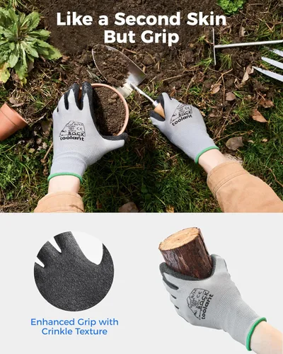 Vista 4 de toolant Guantes de trabajo de látex arrugado a granel, guantes de seguridad con revestimiento de goma para hombres y mujeres, 12 pares para Negro