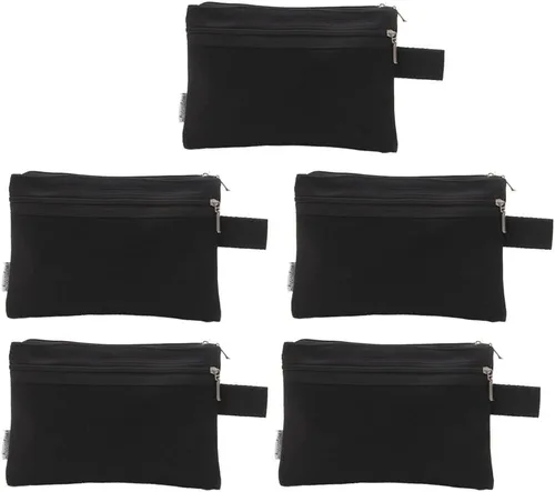 Vista 2 de bolsa de lona de 100% algodón, con cierre, bolsillo para maquillaje, celular, pluma/lapicera, 5 unidades, 16 onzas, Negro M