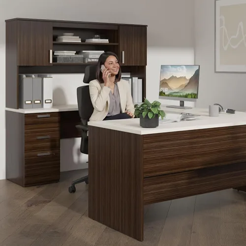 Vista 3 de Bestar, Colección Ridgeley, juego de 3 piezas que incluye un escritorio en forma de U con gabinete, un archivador lateral y una estantería