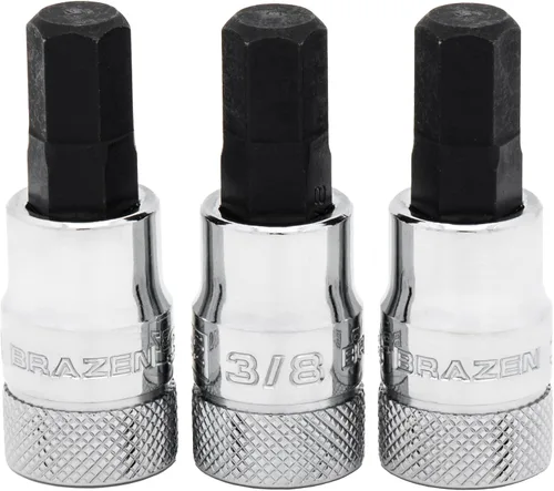 Vista 3 de BRAZEN Juego de Tres Vasos Hexagonales de 1/4"/Destornillador Allen (Carraca de 3/8", Corto)