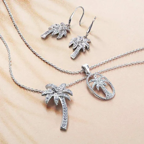 Vista 5 de Hawaiian Nautical Pave Cubic Zirconia CZ Tropical Beach Vacation Palm Tree Earrings Necklace Pendant Anklet For Women Yellow 14K Gold Plated .925