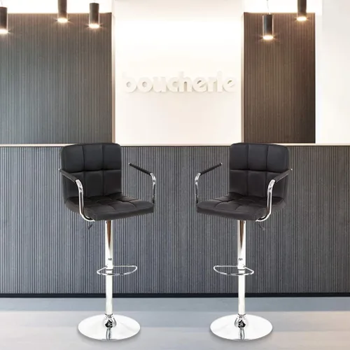 Vista 2 de Juego de 2 taburetes de bar con reposabrazos, taburetes de bar giratorios de altura ajustable con respaldo de piel sintética, silla de comedor alta