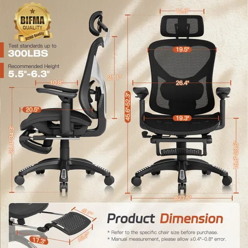 Vista 2 de Ergonomic Home Mesh Chair with Footrest, Lumbar Height Adjustment & 215° Rotate Armrests, Recline Lock 90°–120°, High-Back Big and Tall Computer