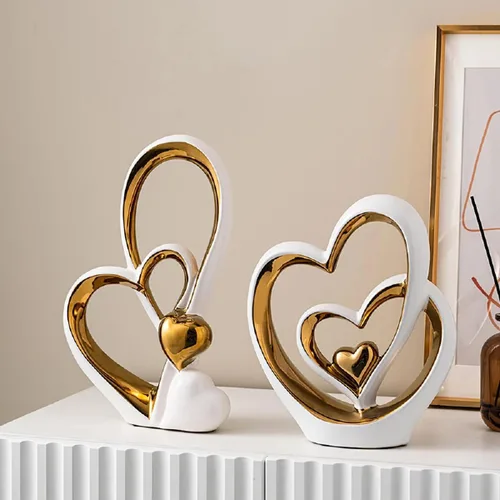 Vista 3 de APLUSH Decoración de estatua de doble corazón de porcelana, escultura de artista moderna, decoración del hogar para sala de estar, gabinete de vino