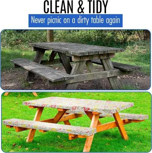 Vista 3 de LINPRO Funda de mesa de picnic prémium con fundas de banco, fundas de vinilo ajustables para mesa de picnic con accesorios elásticos de camping