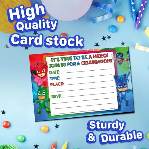 Vista 3 de Juego de 20 máscaras de héroe con temática de feliz cumpleaños, tarjetas de invitación y sobres, ligeros (8.47 oz), invitaciones estilo postal