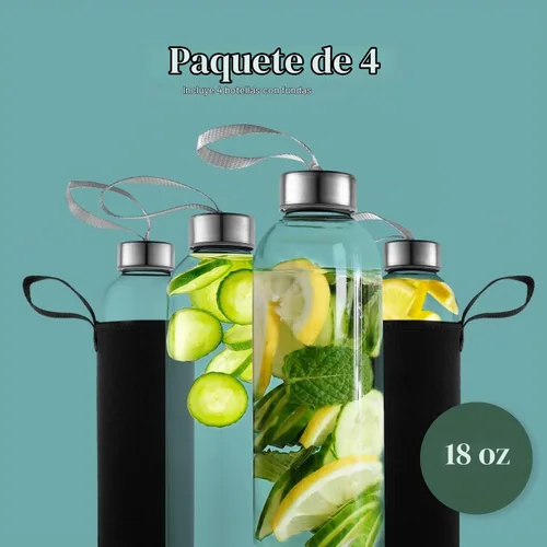 Vista 3 de Kitchen Lux Botellas de agua de vidrio de 18 onzas – Paquete de 4 fundas protectoras de nailon, tapas herméticas con rosca superior, bucles