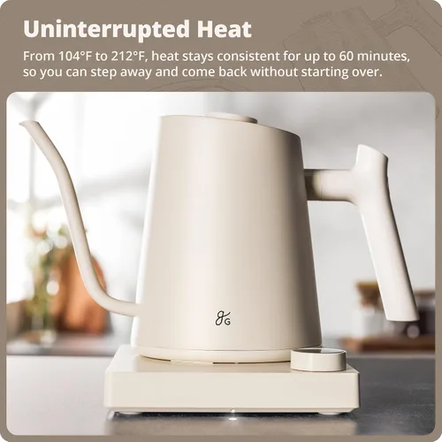 Vista 2 de Greater Goods - Hervidor eléctrico de cuello de cisne, 1200W de acero inoxidable con control de temperatura de precisión, hervido rápido, sin BPA