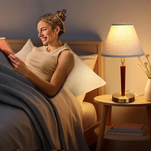 Vista 5 de Lámpara de mesa de madera moderna de mediados de siglo, control táctil y lámpara de noche regulable de 3 vías para dormitorio, sala de estar, mesita