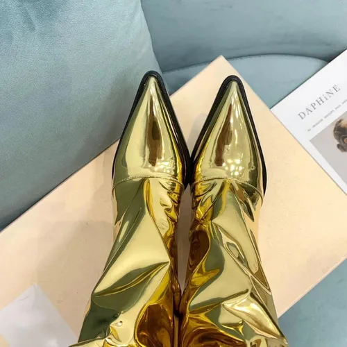 Vista 26 de Vertundy Botas altas hasta la rodilla metálicas con punta puntiaguda para mujer, botas altas de tacón alto de charol plisadas, botas largas plisadas