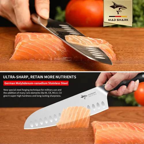 Vista 3 de Mad Shark - Cuchillo de chef profesional Santoku de 8 pulgadas, de acero inoxidable alemán de alto carbono, antiadherente, ultra afilado, con mango